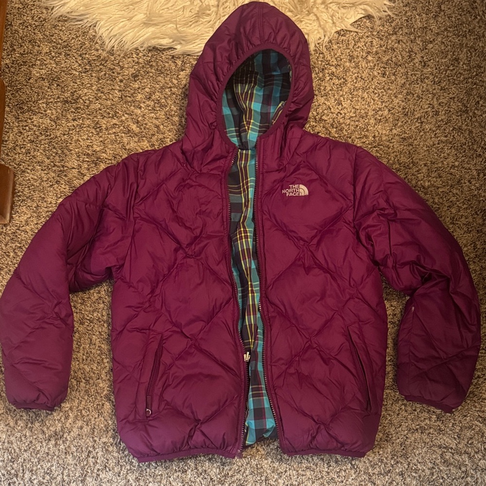 The North Face Plum Hooded Puffer with Plaid Lining